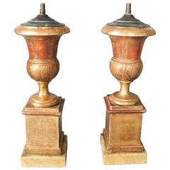 Pair of Italian Neoclassic Giltwood and Sienna Marble Urn Form Lamps