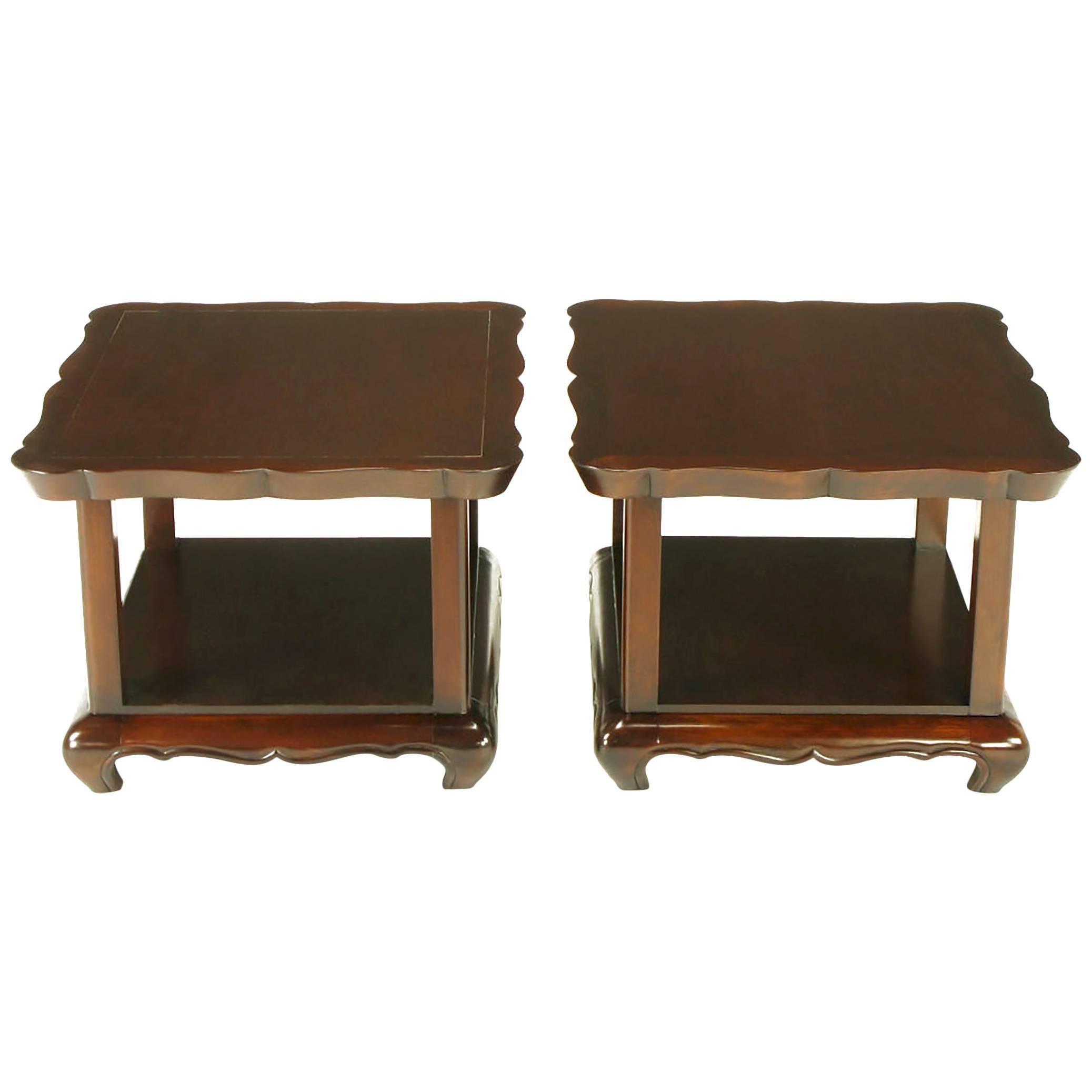 Pair of Walnut End Tables with Scalloped Edge Tops For Sale