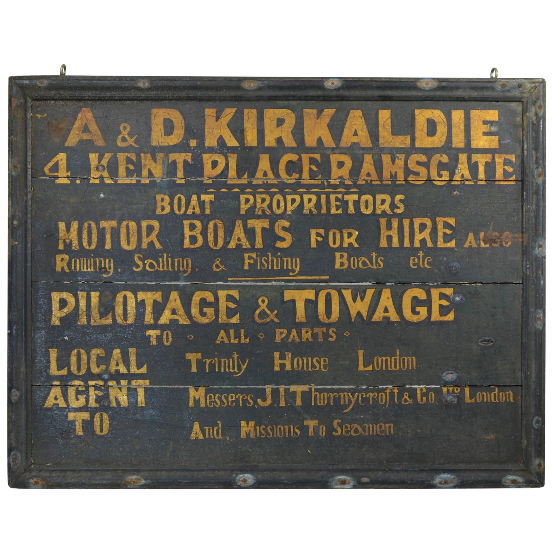 19th Century Advertising Sign "Motor Boat for Hire" Wood  For Sale