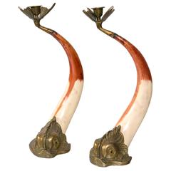 Pair of Brass and Horn Candlesticks