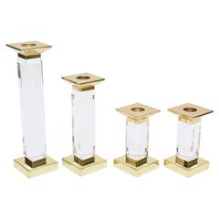 Set of Four Charles Hollis Jones Brass and Faceted Lucite Candlesticks