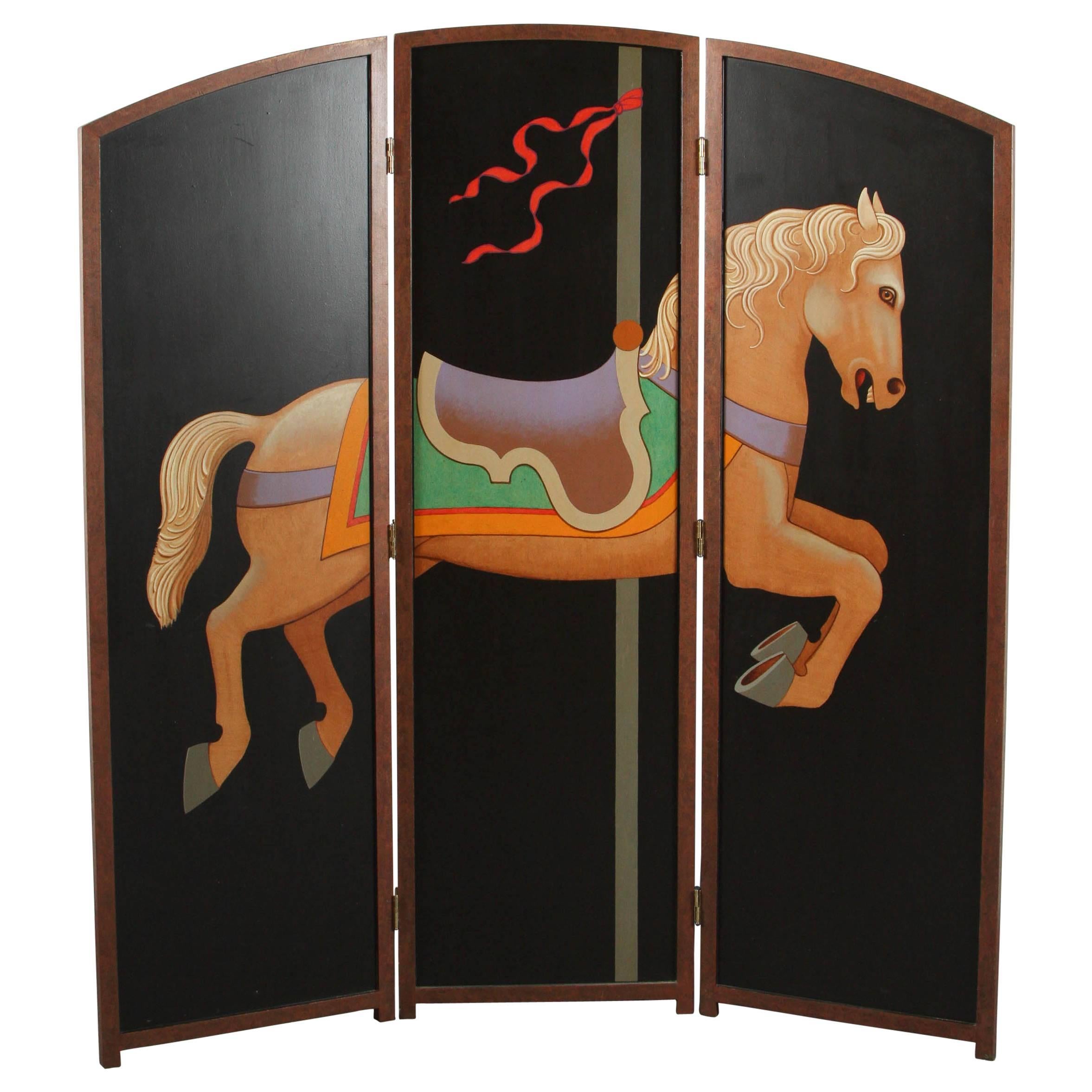 Beautiful Hand-Painted Folding Screen with Carousel Horse by Lynn Curlee For Sale