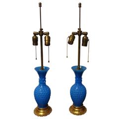 Pair of Opaline Blue French Pineapple Lamps