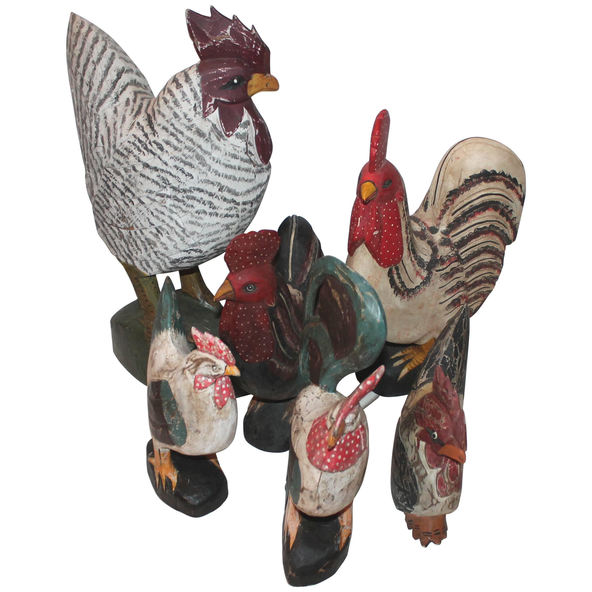 Collection of Six Folk Art Hand-Carved and Painted Roosters
