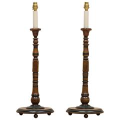 Pair of Mahogany and Ebonised Candlestands, Now Converted to Lamps