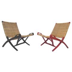 Pair of Mid-Century Cane Folding Safari Chairs in the Manner of Hans Wegner