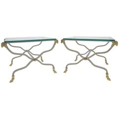 Pair of Mid-Century X-Form End Tables with Ram's Head Accents