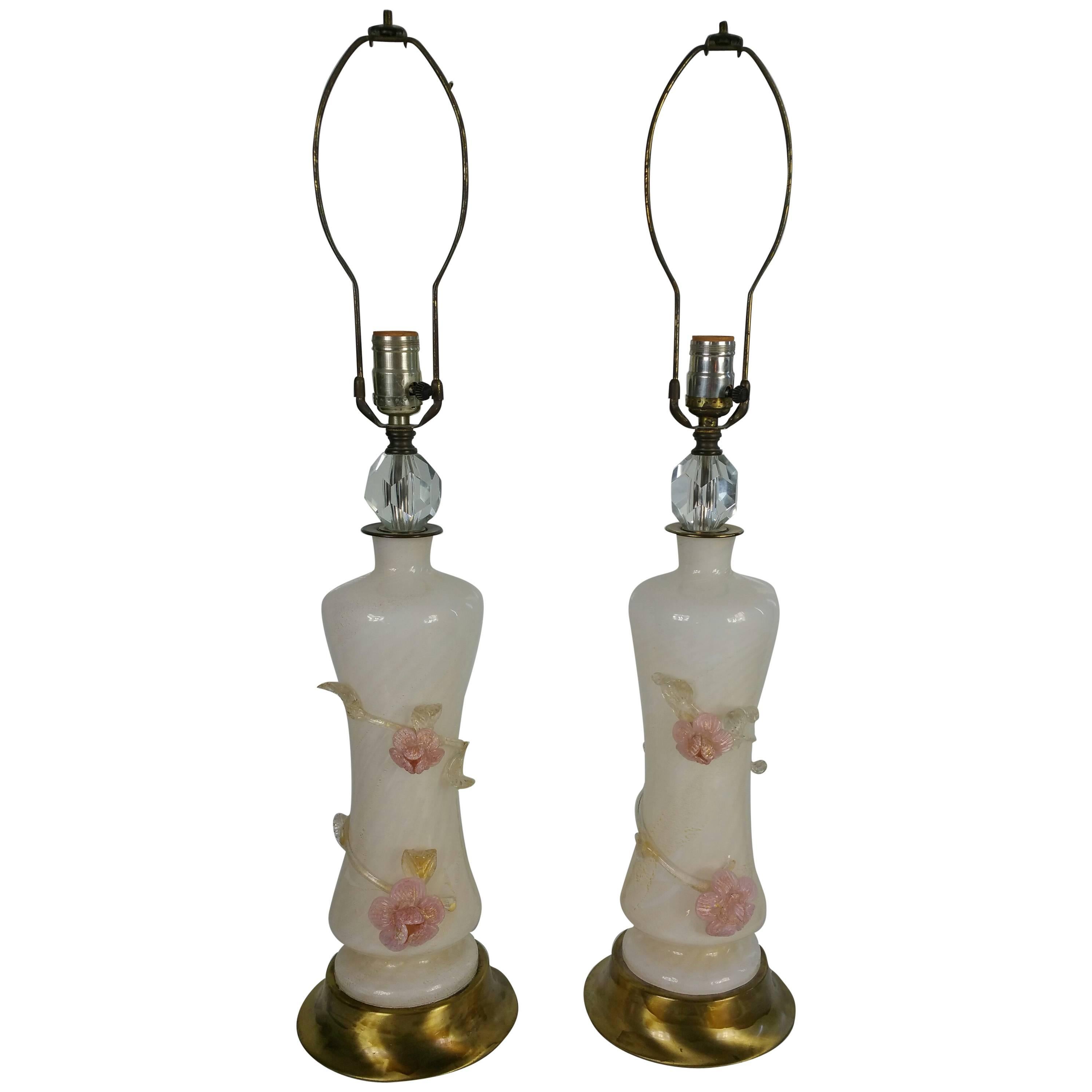 Pair Murano Lamps, Applied Flower Detail, Opalescent, Gold and Pink