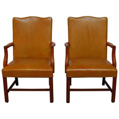 Pair of Chippendale Leather Library Chairs