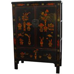 Chinese Black Lacquer Painted Scholars Cabinet