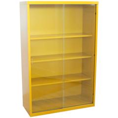 Vintage Mid-century Bookcase of Yellow Steel with Sliding Glass Front Panels