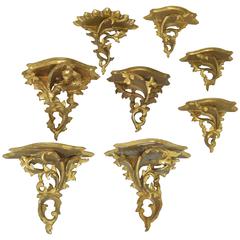 Antique Collection of Eight Water Gilt Italian Brackets or Wall Shelves
