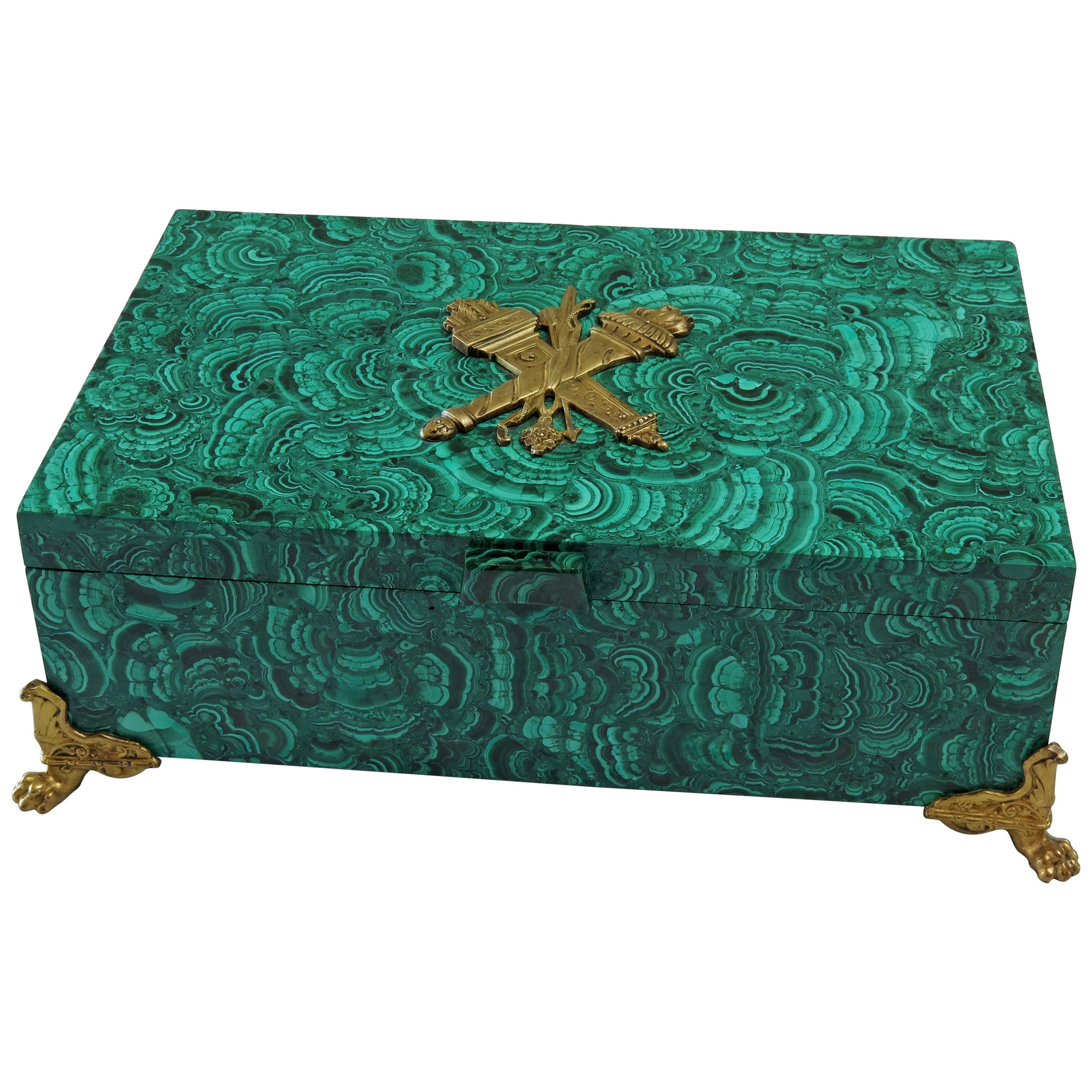 Impressive Large Gilt Bronze Solid Malachite Box
