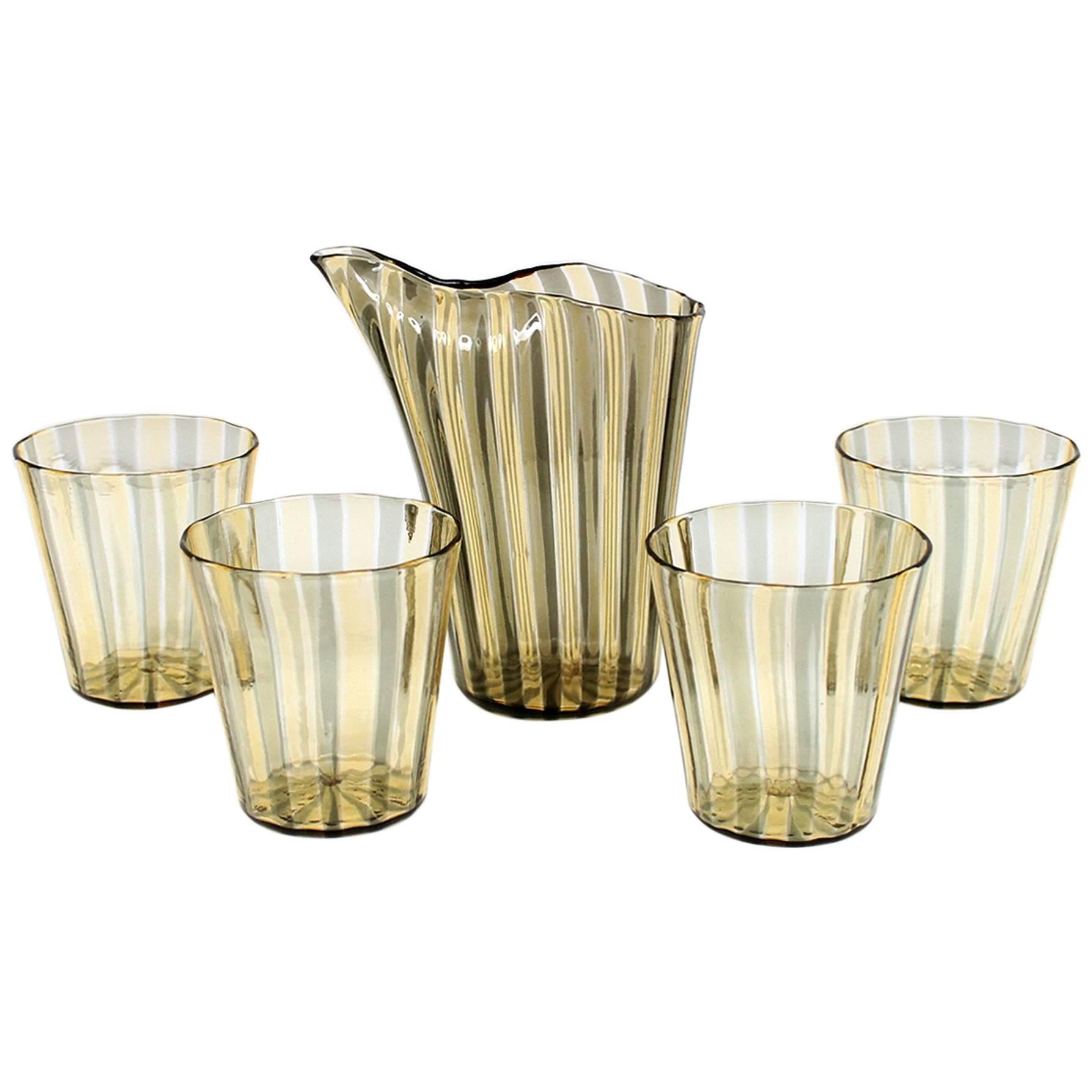 Gio Ponti for Venini “A Canne” Glass Pitcher and Glasses