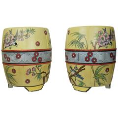 Pair of Yellow Painted Porcelain Garden Seats with Birds and Flowers Decoration