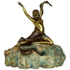 Vintage Gilt Bronze Deco Figure of a Seated Nude Snake Charmer on Marble Base