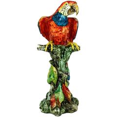 Large Majolica Multi Color Figure of a Parrot Standing on a Tree Stem