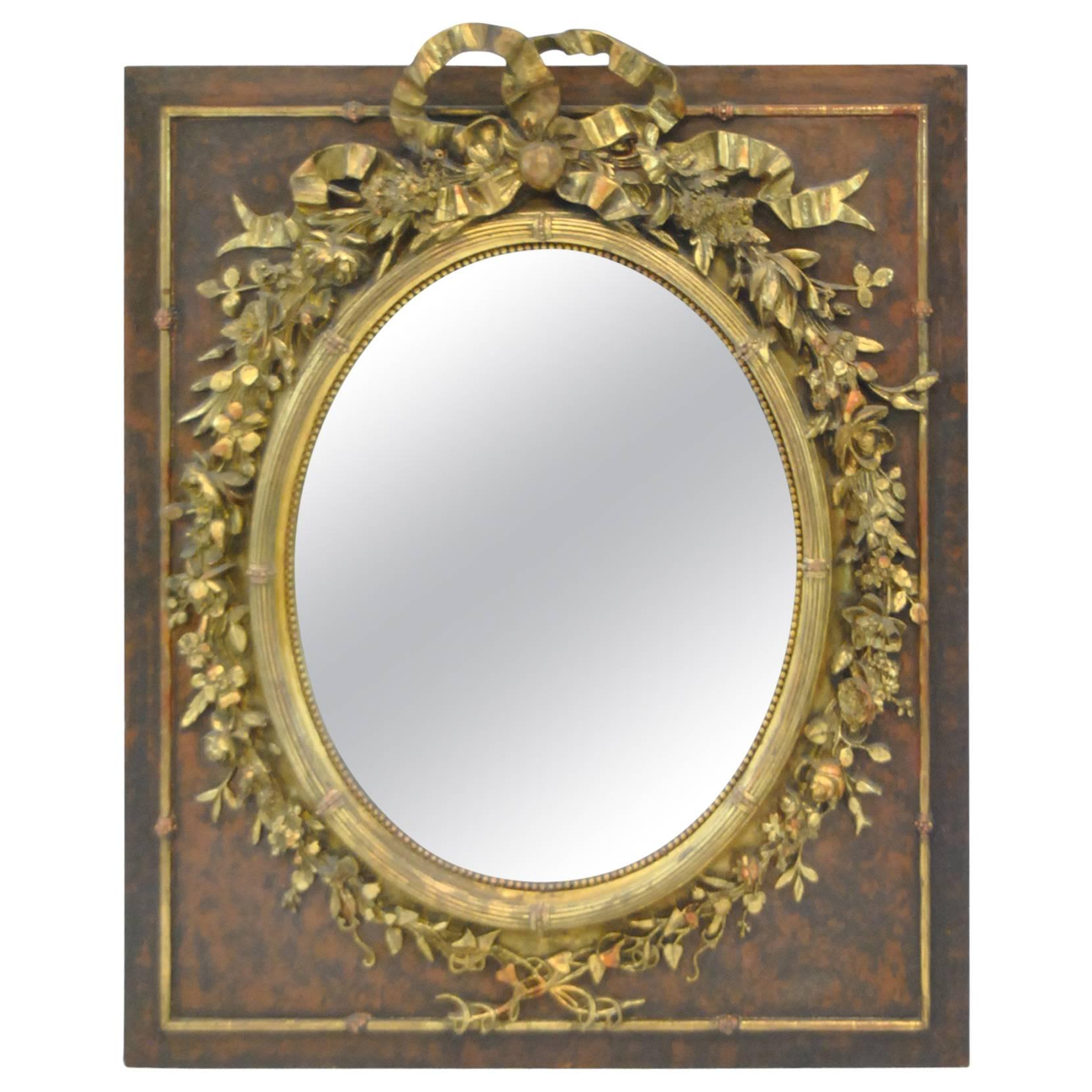 Victorian Oval Mirror with High Relief Floral Detail and Central Bow