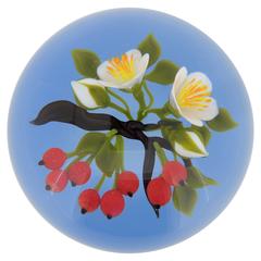 Large Victor Trabucco Red Berries and Flower Blossoms Glass Paperweight