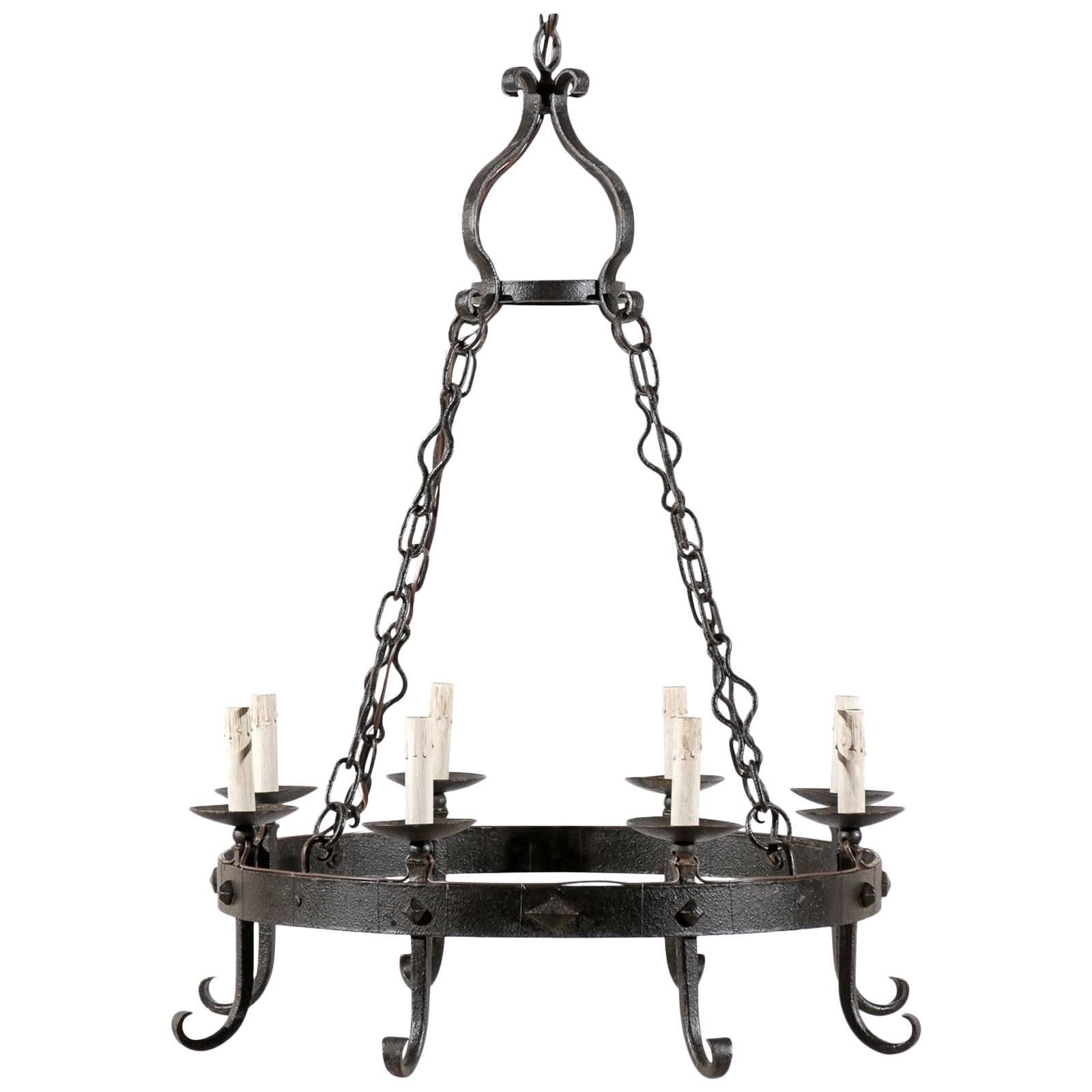 French Circular Eight-Light Chandelier of Black Forged-Iron, Rewired for US