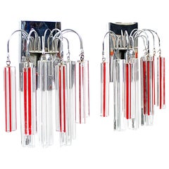 Pair of Italian Venini Sconces Red and White glass with Chrome Frame, 1960s