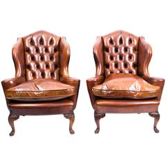 Early 20th Century Pair English Leather Wingback Armchairs