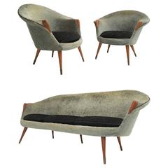 1950s Wool Brass and Teak Danish Sofa and Easy Chairs Attributed to Nanna Ditzel 1