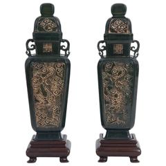 Pair of Chinese Carved Spinach Jade Urns