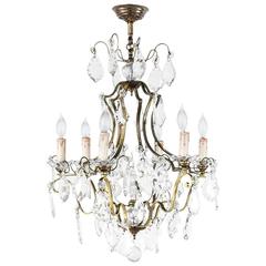 Midcentury French Six-Light Bronze and Crystal Chandelier