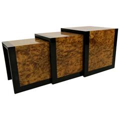 Set of Three Black Lacquer and Walnut Burl Nesting Tables