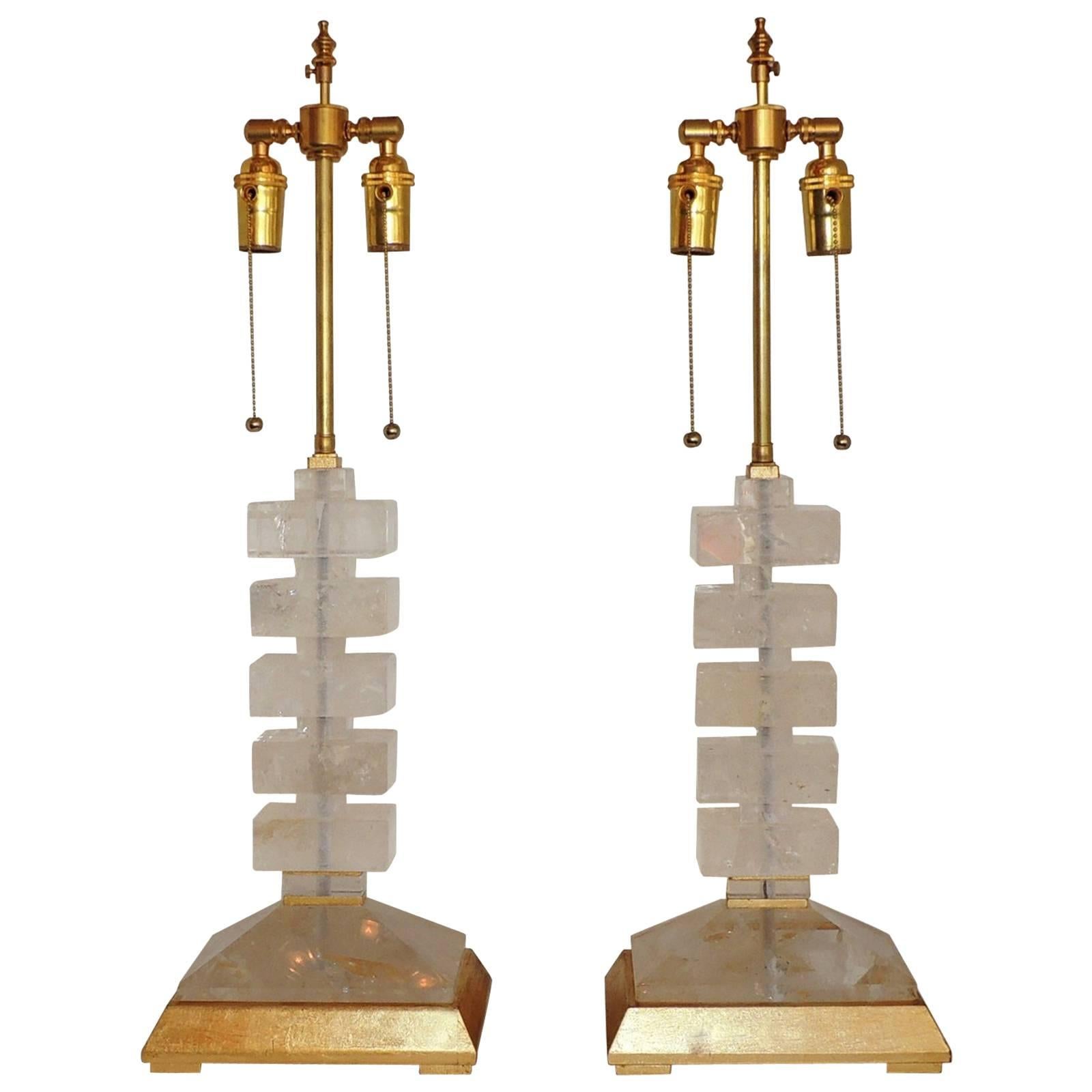 Modern Transitional Jansen Deco Pair of Gilt and Rock Crystal Bagues Lamps
