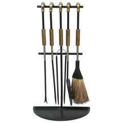 French Iron and Brass Equestrian Themed Fireplace Tool Set