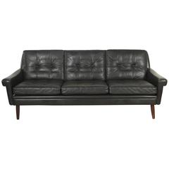 Danish Black Leather Sofa with Tufted Seats in the Style of Georg Thams