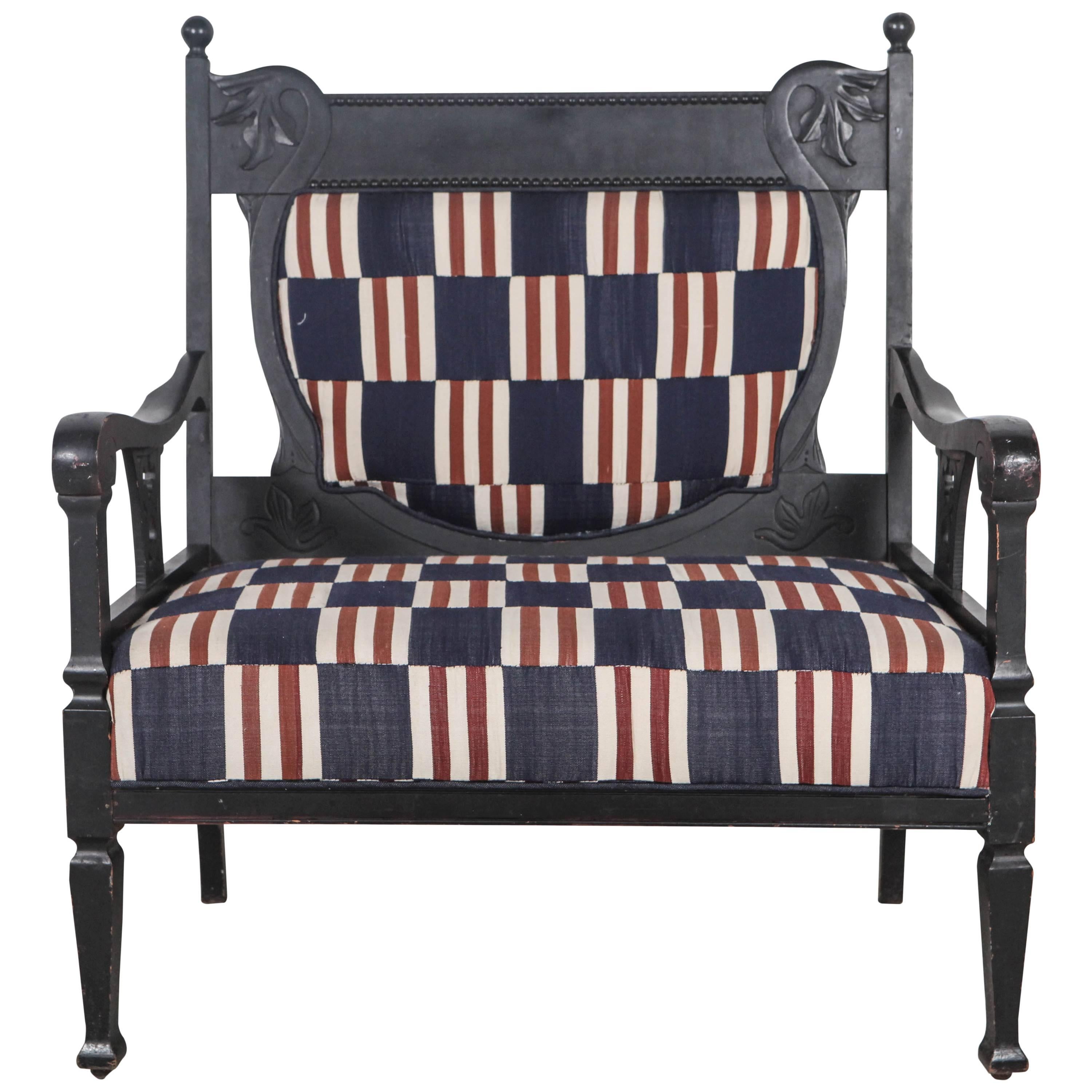 Edwardian Salon Small Settee Upholstered in Vintage African Fabric