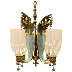 Faux Painted Italian Tole Four-Light Chandelier with Glass Hurricanes