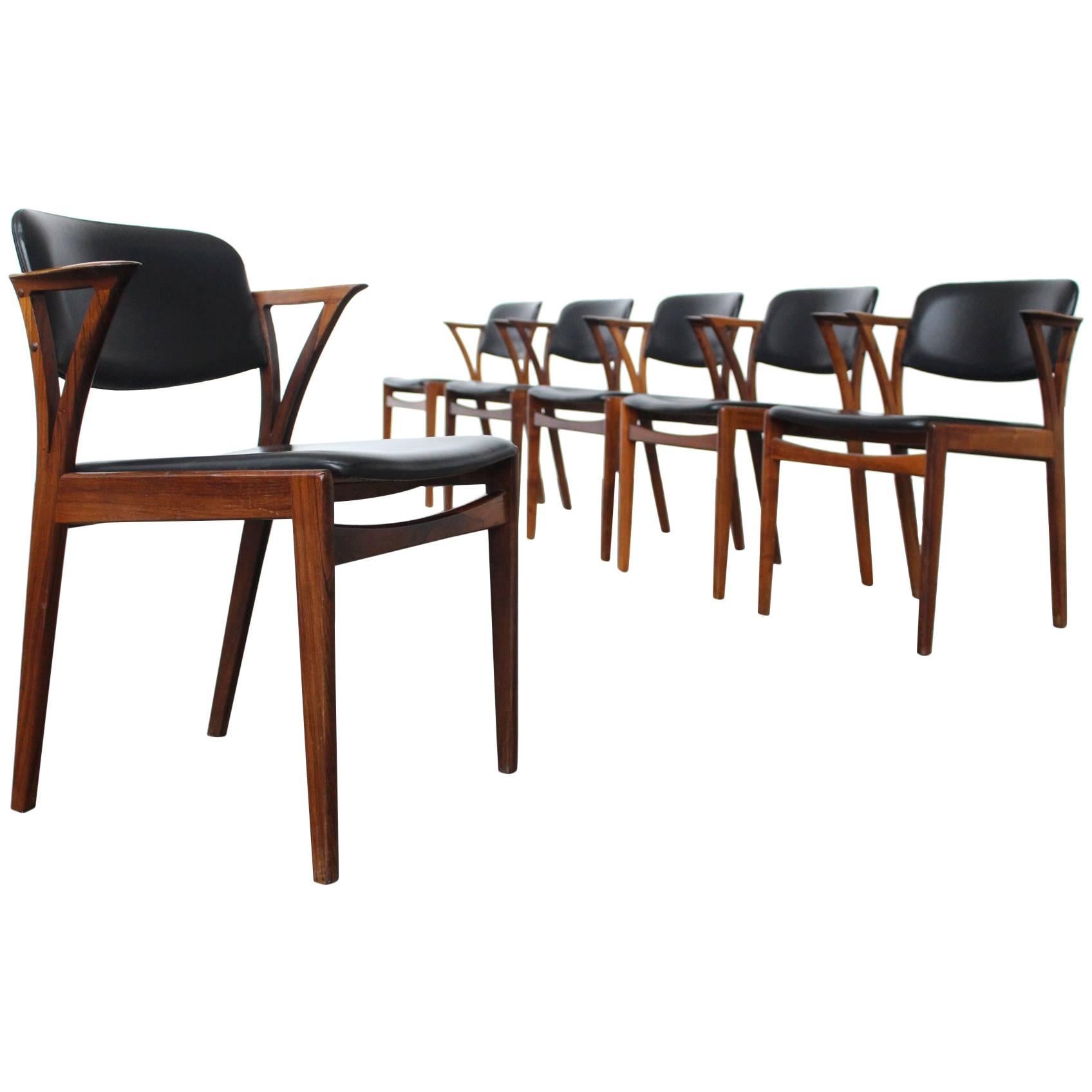 Set of Six Rosewood Kai Kristiansen Signed Bovenkamp Dining Chairs, Denmark