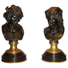 Pair of 19th Century Bronze Busts of Bacchus and Ariadne
