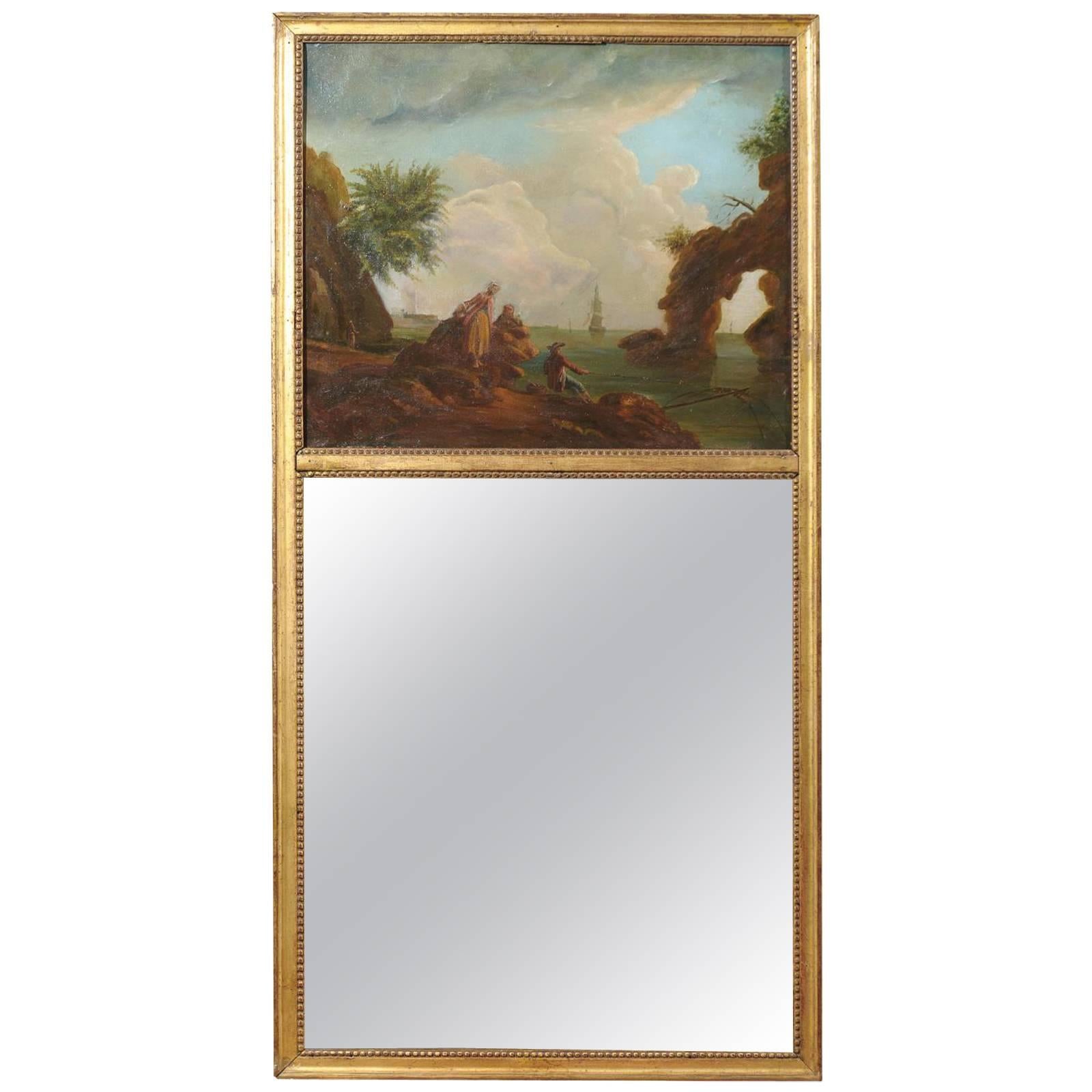 Continental Neoclassical Style Trumeua Mirror with Oil Canvas Landscape Painting