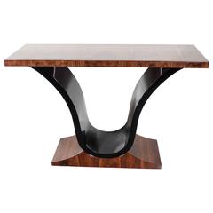 Art Deco Scroll Form Console Table in Exotic Rosewood and Black Lacquer