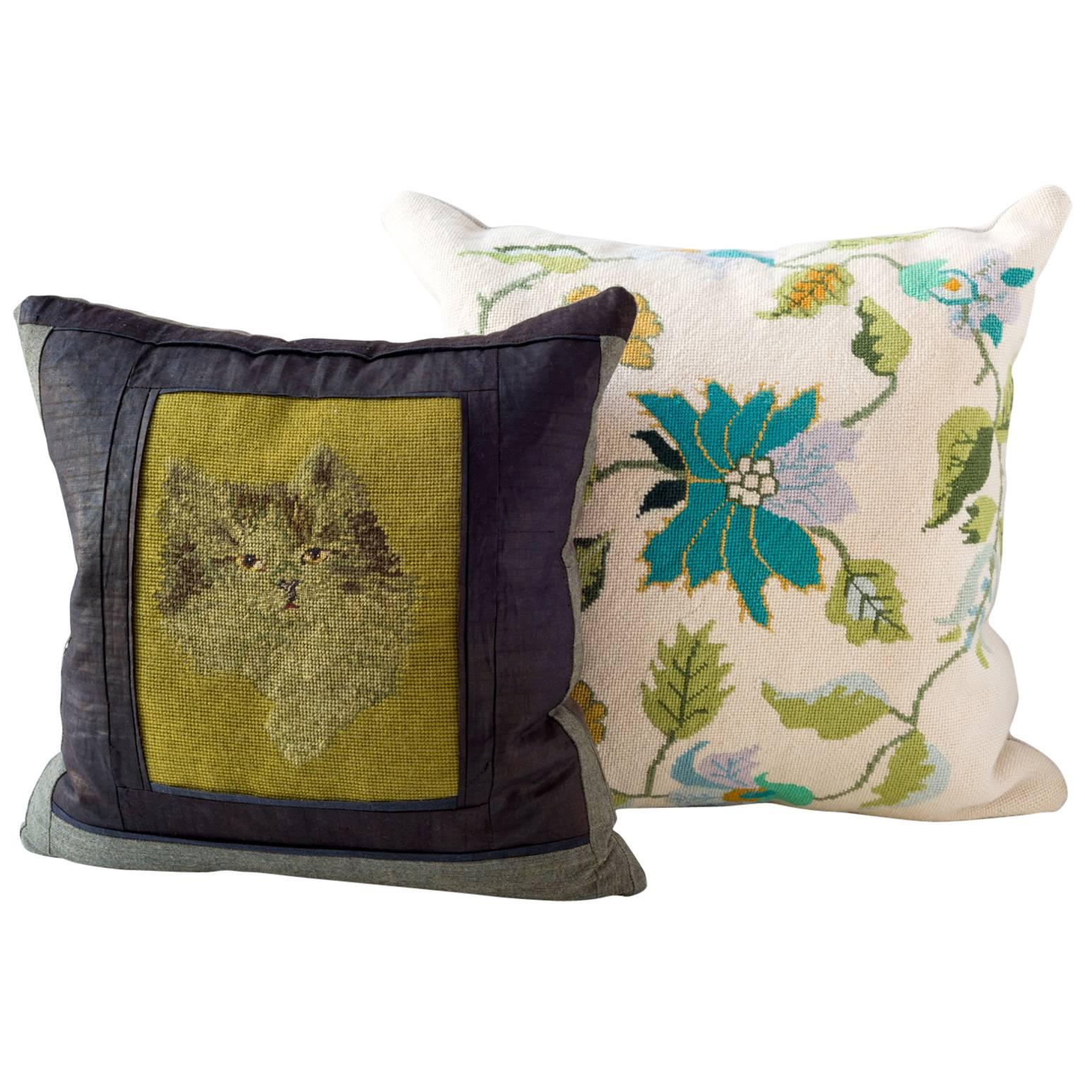 Needlepoint Cushion in Muted Greens For Sale