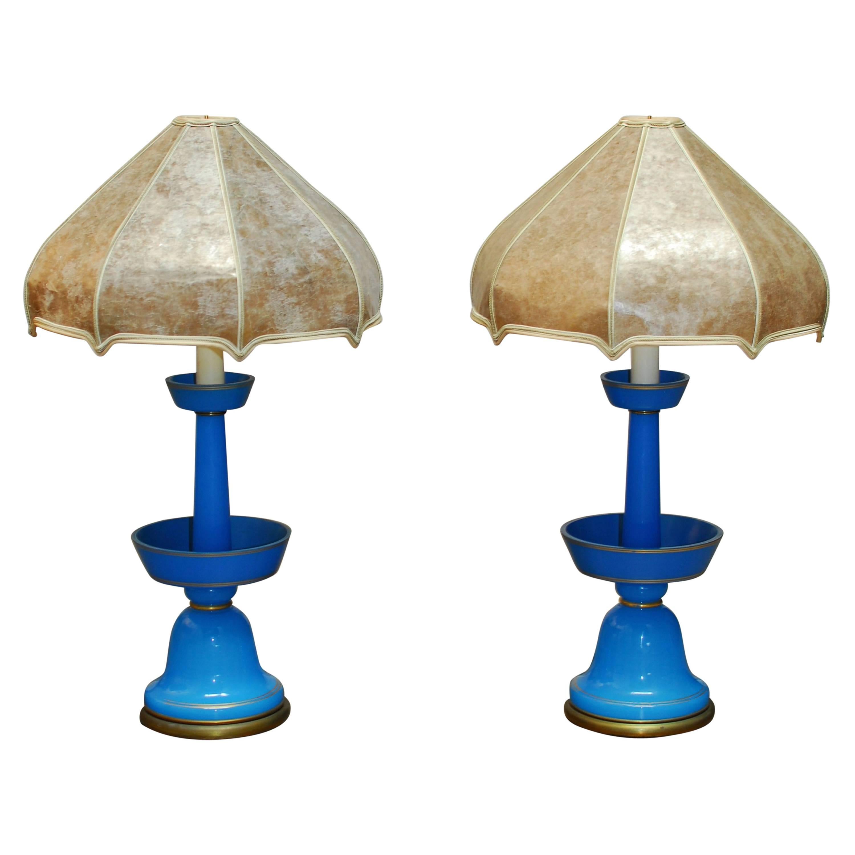 Pair Blue Bristol Glass Table Lamps
