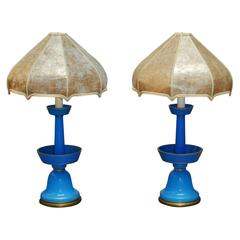Antique Pair Blue Bristol Glass Table Lamps