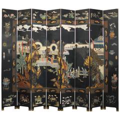 Eight-Panel Chinese Black Lacquer Coromandel Screen