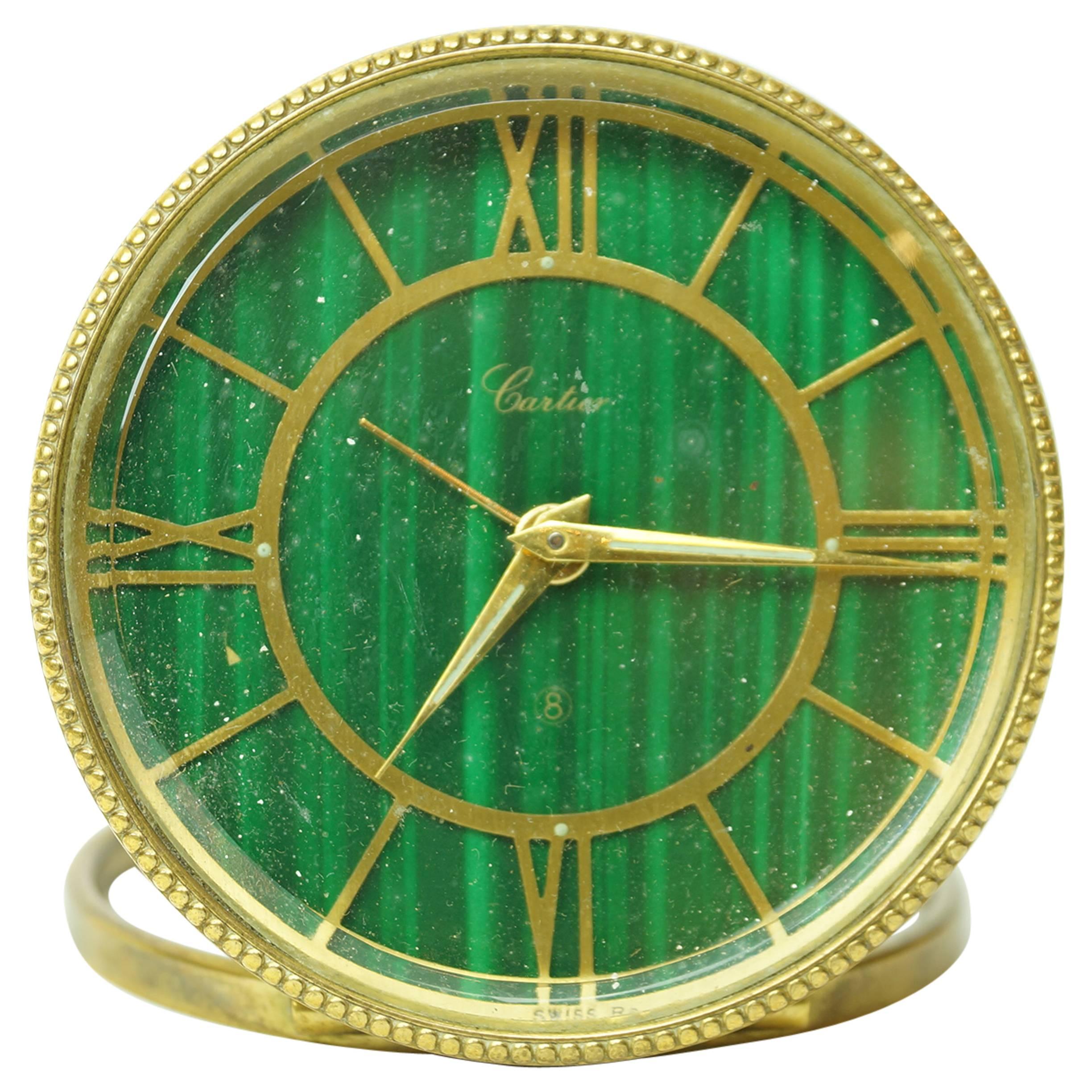 Cartier Green Malachite and Brass Round Desk Traveling Clock
