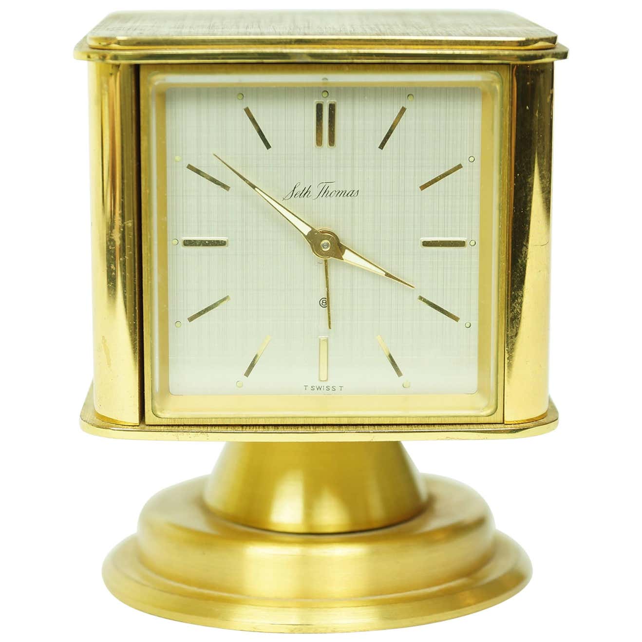 Unusual Square Form Multifunctional Brass Desk Clock at 1stDibs