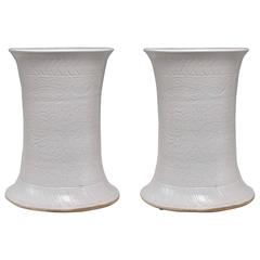 Pair of Celadon White Cylindrical Porcelain Stools