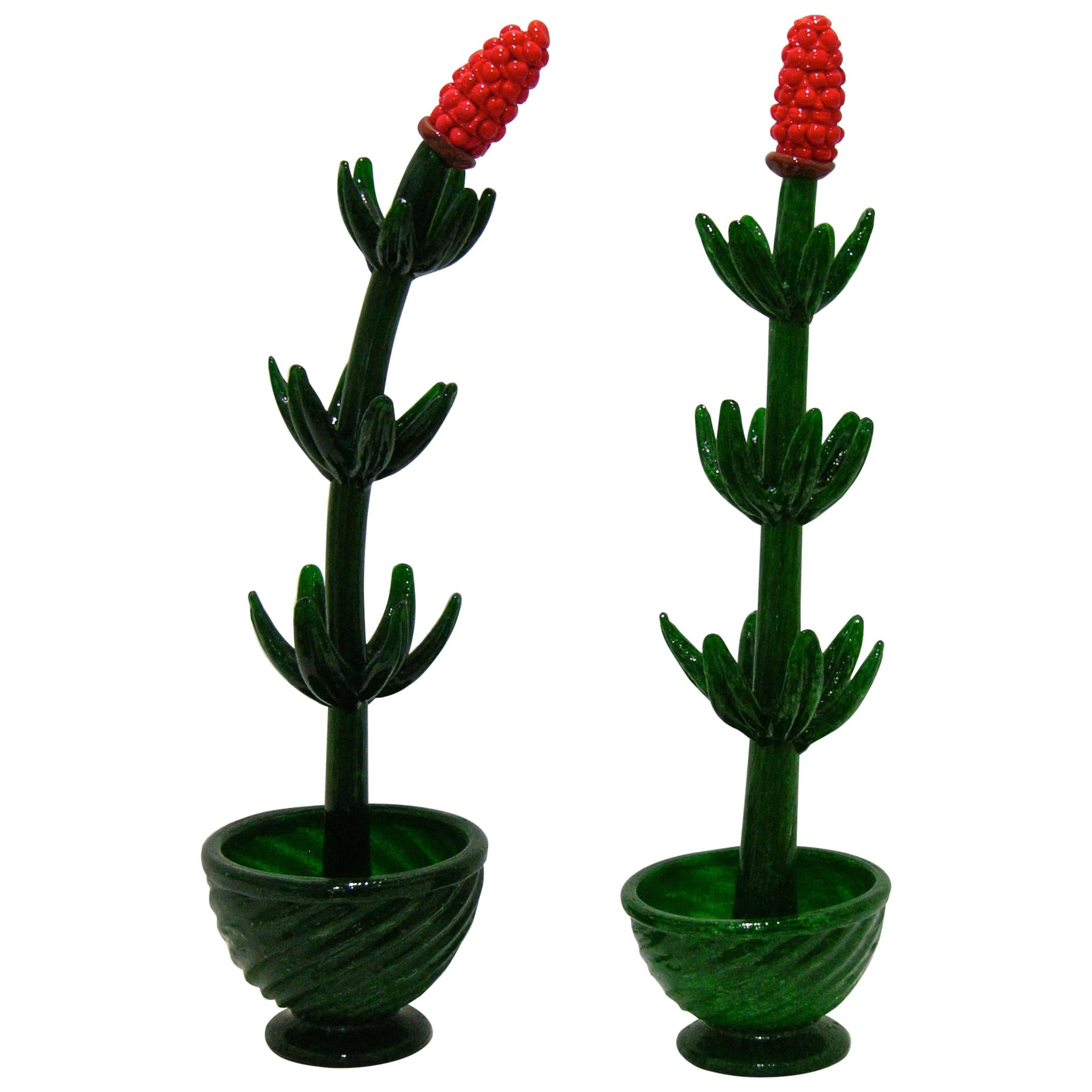 1980s Italian Pair of Organic Green Murano Glass Potted Plants with Red Flower