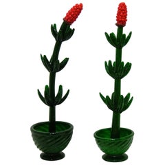 Vintage 1980s Italian Pair of Organic Green Murano Glass Potted Plants with Red Flower