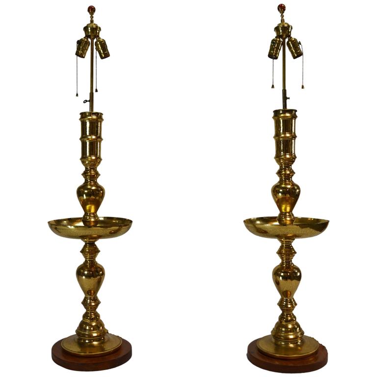Pair of Vintage Moroccan Brass Candlestick Lamps For Sale at 1stdibs