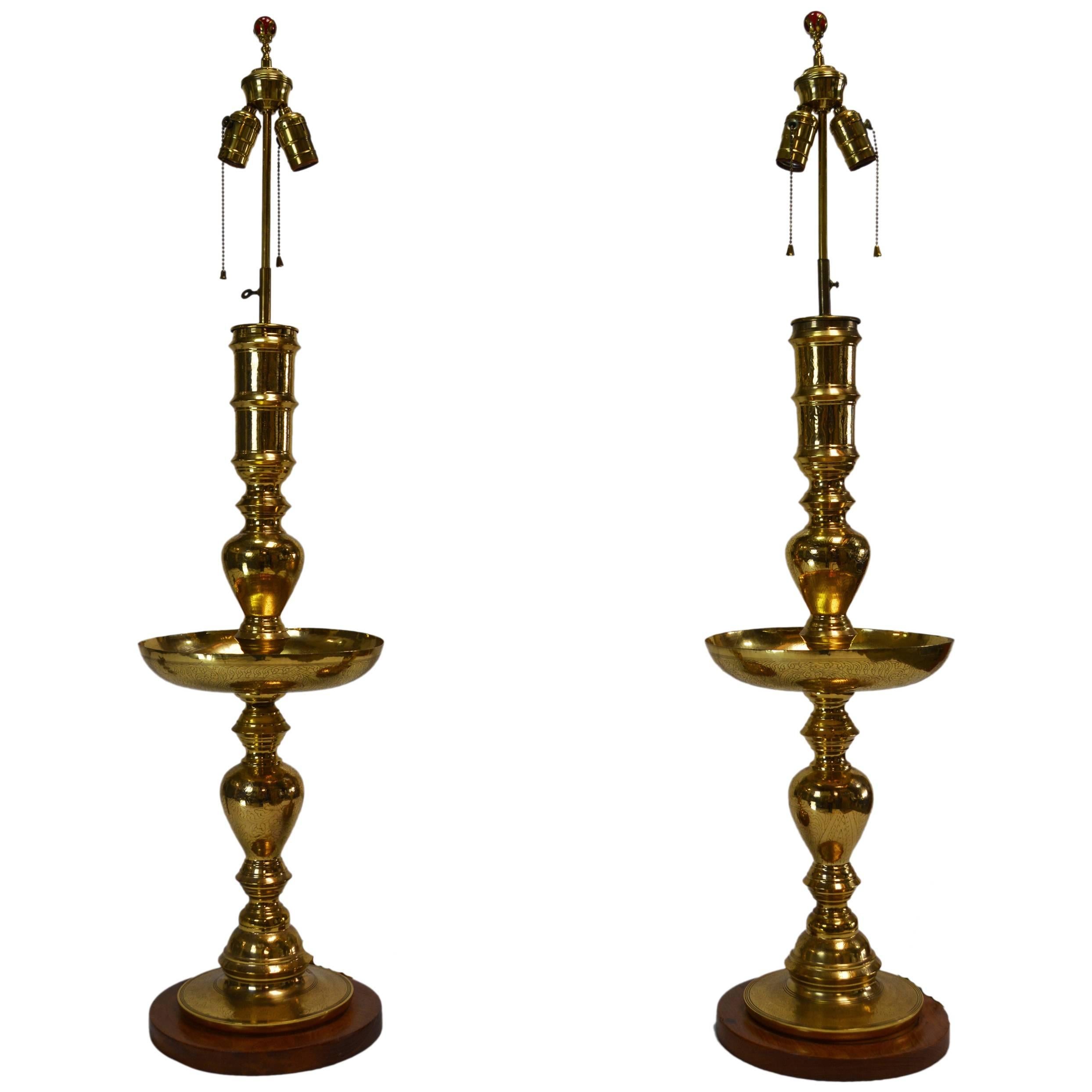 Pair of Vintage Moroccan Brass Candlestick Lamps